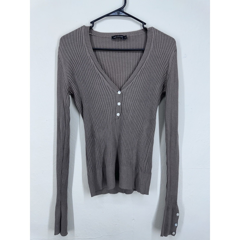 Vintage 2005 Y2K Ribbed‎ Henley Top MEDIUM Grey Beige Bella Swan Capsule 2000s